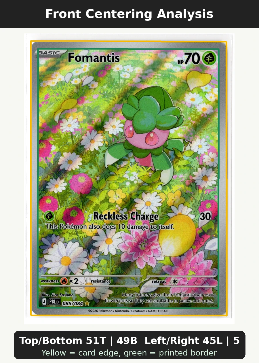 Fomantis 085/84 Pitch Black front centering analysis showing Top/Bottom 51T | 49B and Left/Right 45L | 55R.