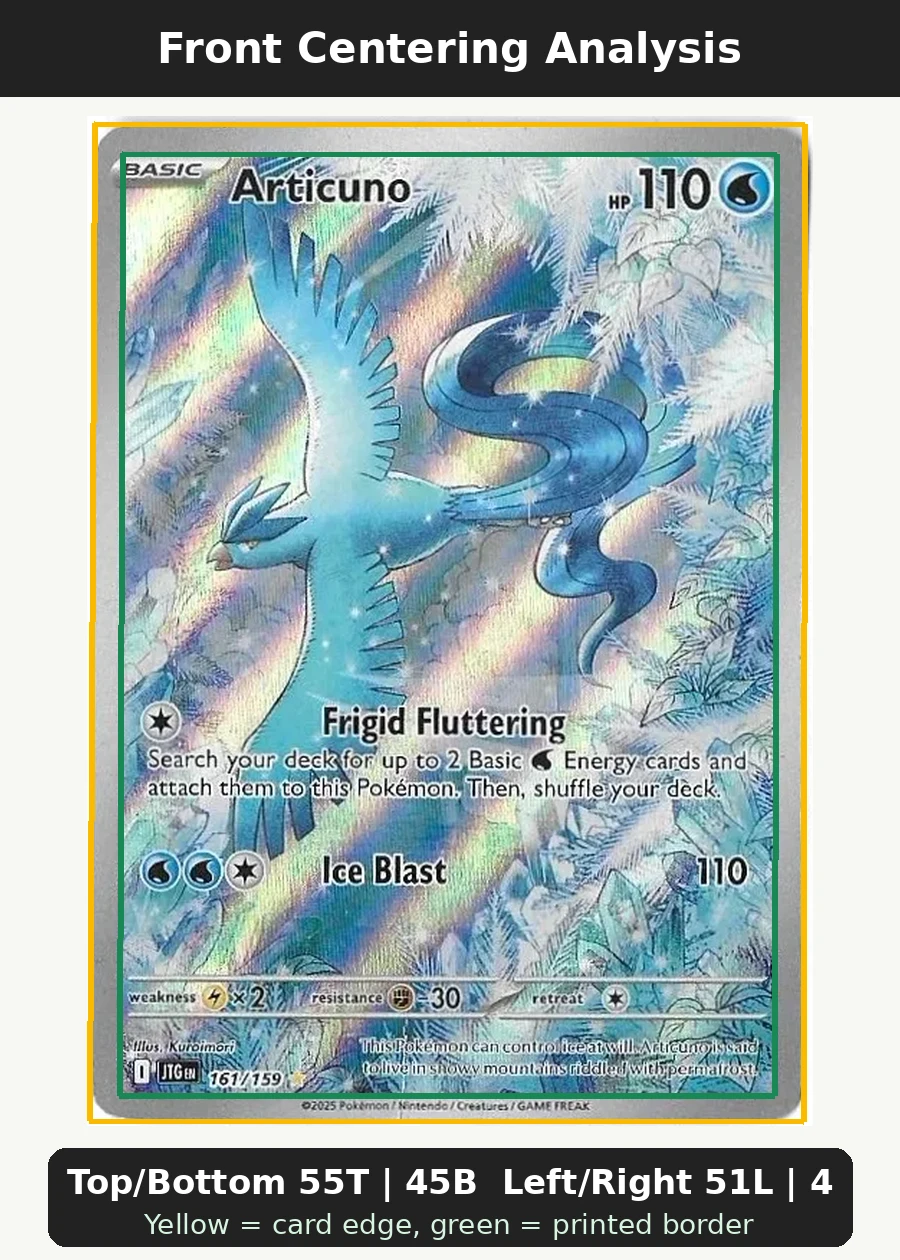 Articuno 161/159 Journey Together front centering analysis showing Top/Bottom 55T | 45B and Left/Right 51L | 49R.