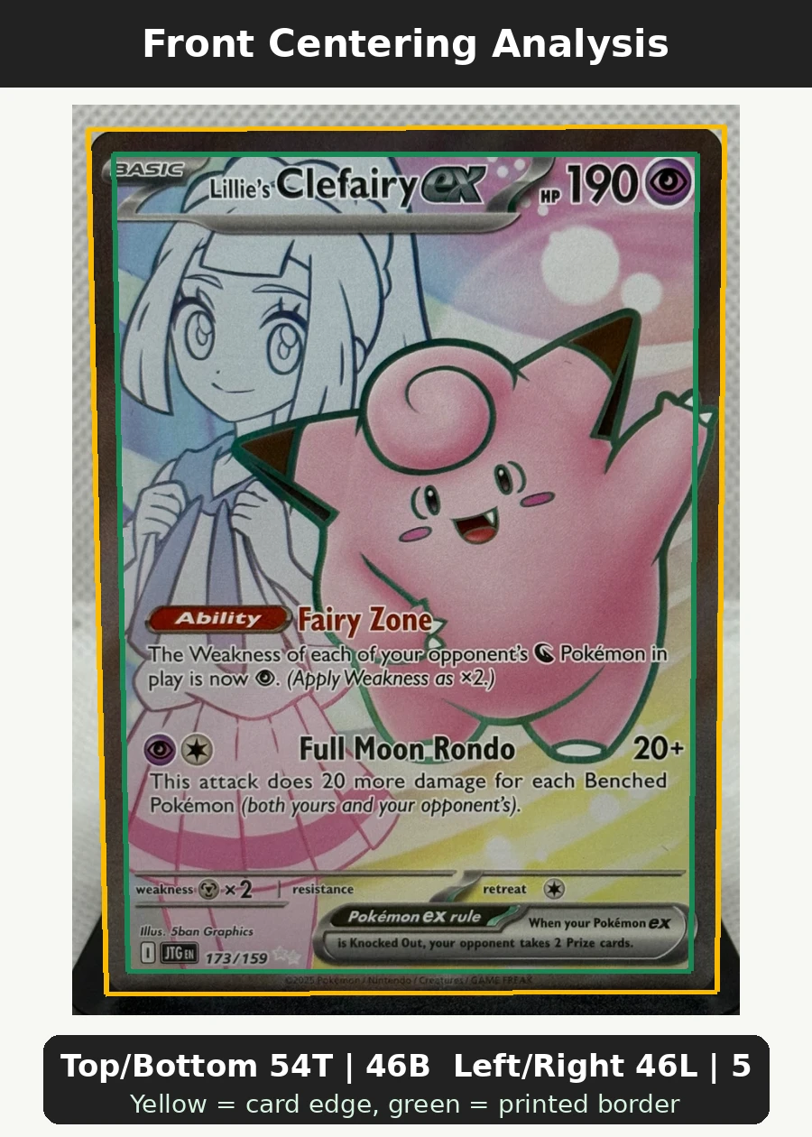 Lillie's Clefairy ex 173/159 Journey Together front centering analysis showing Top/Bottom 54T | 46B and Left/Right 46L | 54R.