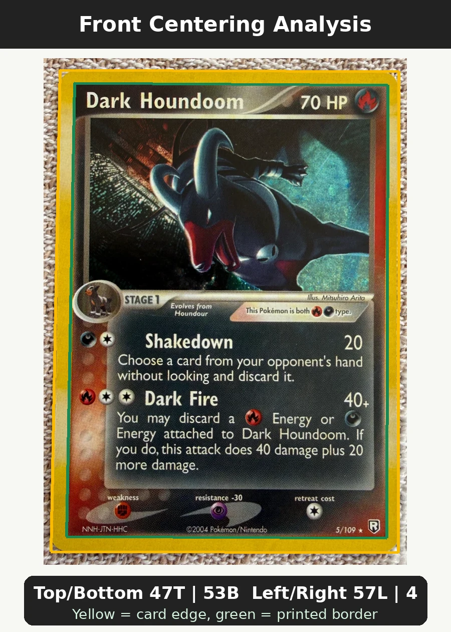 Dark Houndoom 005/109 Team Rocket Returns front centering analysis showing Top/Bottom 47T | 53B and Left/Right 57L | 43R.