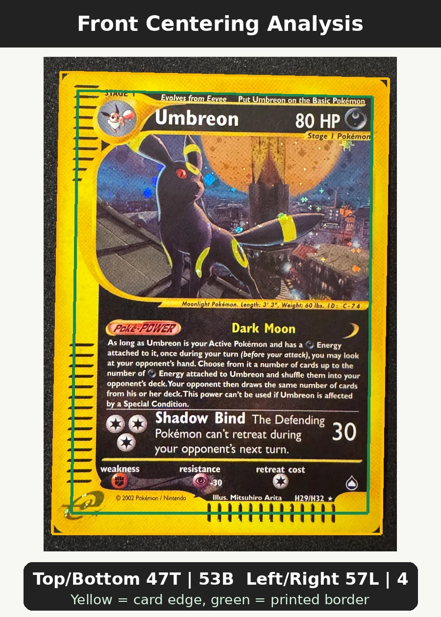 Umbreon H29/147 Aquapolis front centering analysis showing Top/Bottom 47T | 53B and Left/Right 57L | 43R.