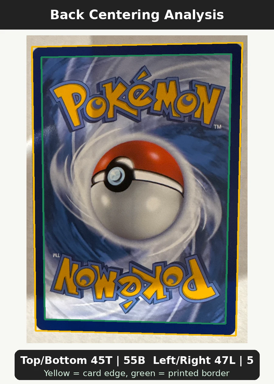 Pikachu 027/78 Pokémon GO back centering analysis showing Top/Bottom 45T | 55B and Left/Right 47L | 53R.