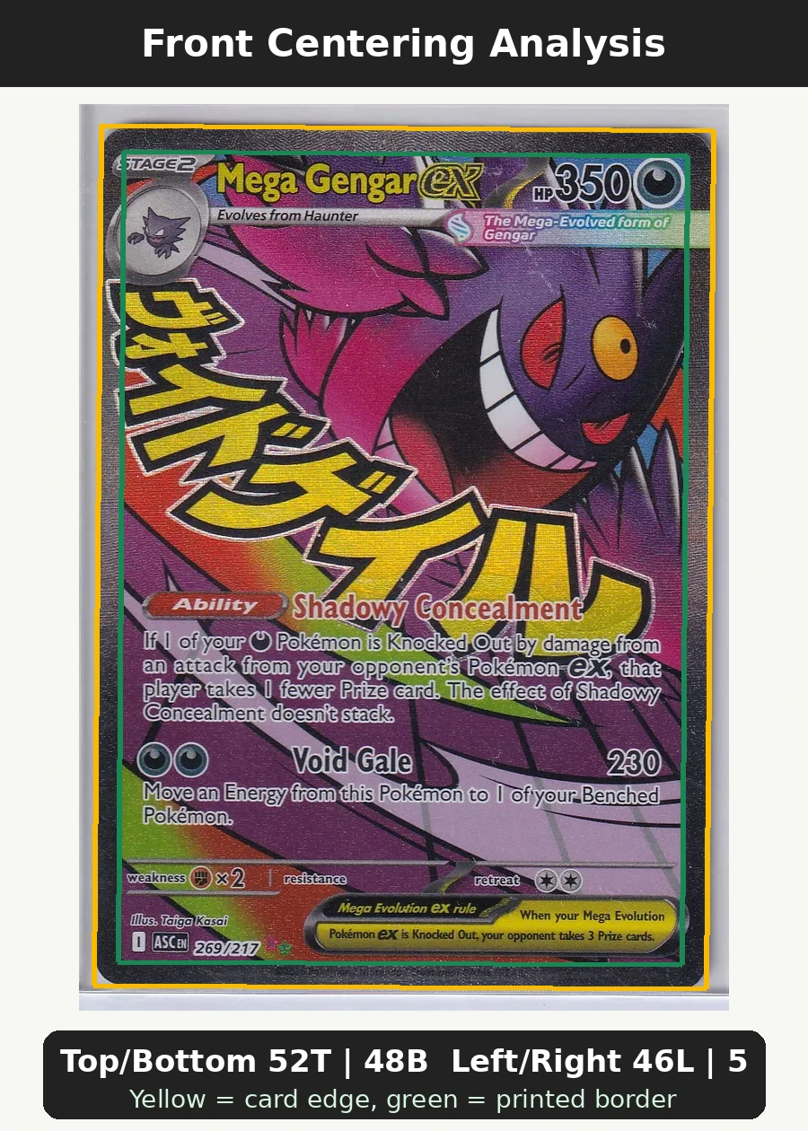 Mega Gengar ex 269/217 Ascended Heroes front centering analysis showing Top/Bottom 52T | 48B and Left/Right 46L | 54R.