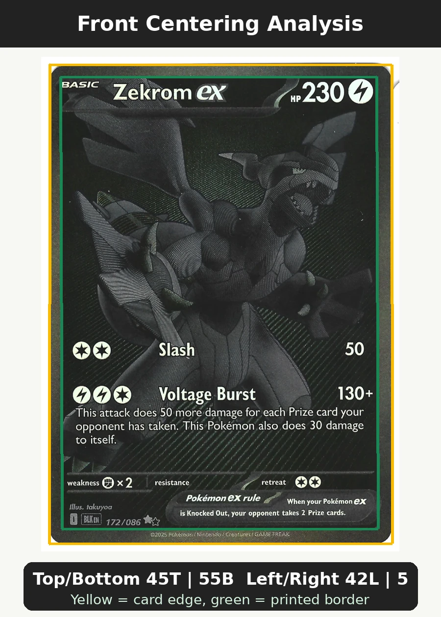 Zekrom ex 172/86 Black Bolt front centering analysis showing Top/Bottom 45T | 55B and Left/Right 42L | 58R.