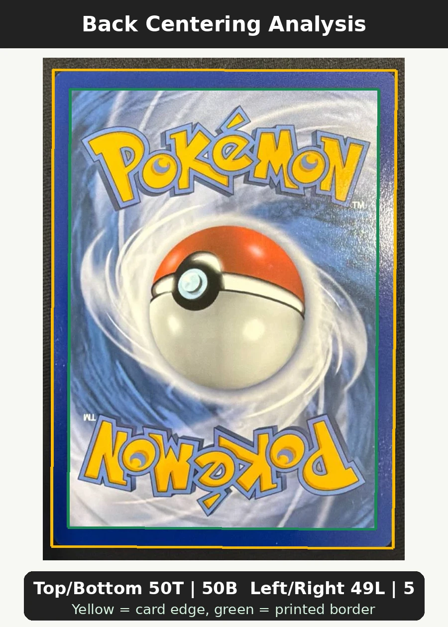 Umbreon & Darkrai GX 125/236 Unified Minds back centering analysis showing Top/Bottom 50T | 50B and Left/Right 49L | 51R.