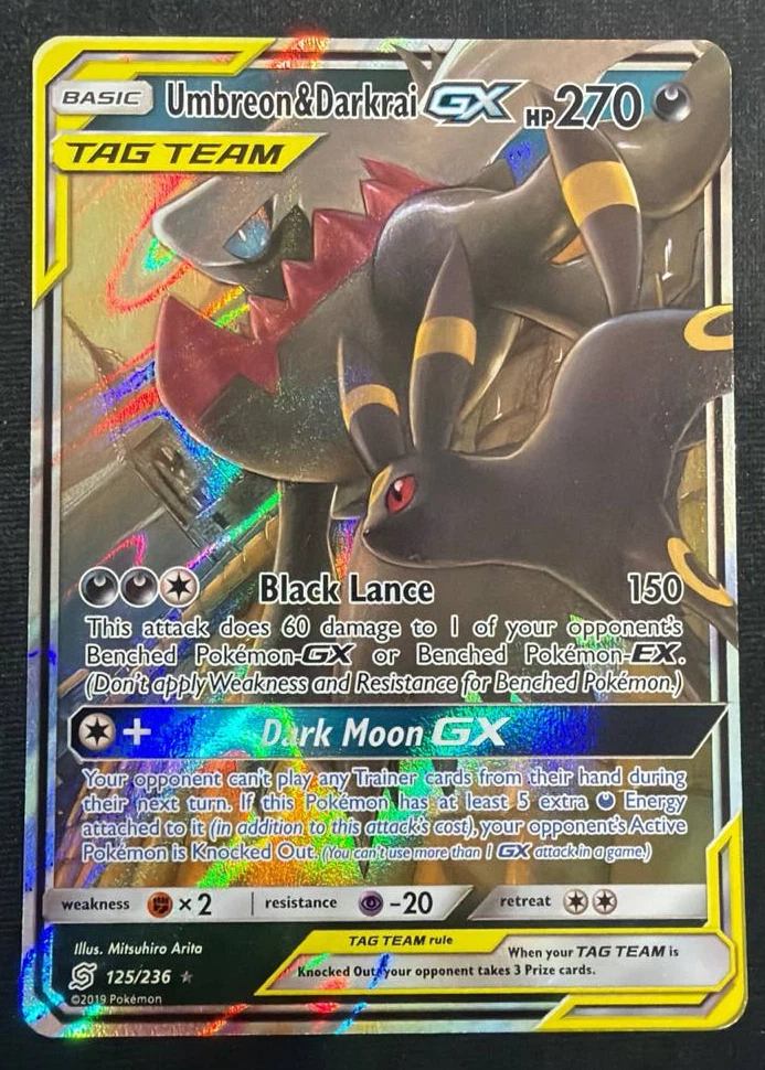 Umbreon & Darkrai GX 125/236 Unified Minds front card photo in PokeToGrade pregrading report