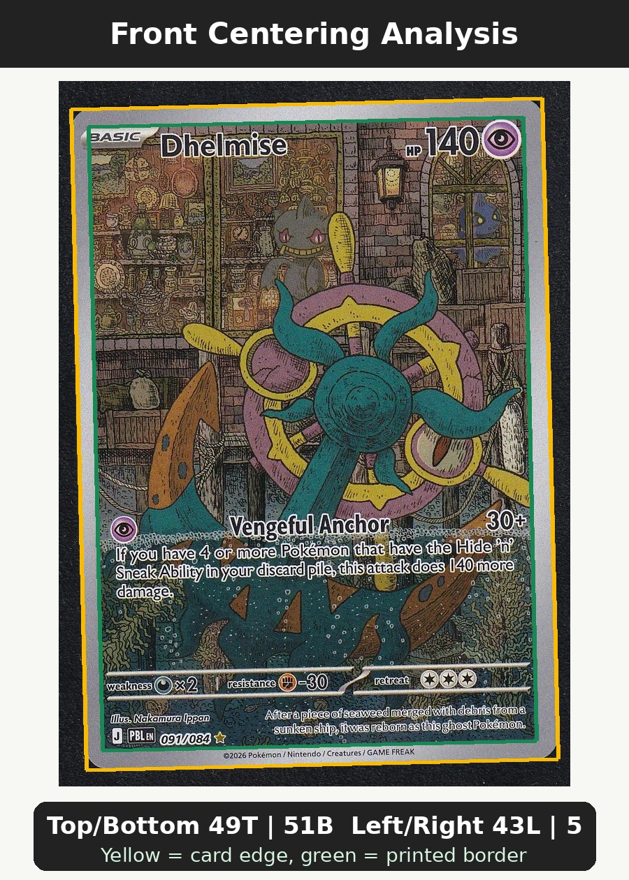 Dhelmise 091/84 Pitch Black front centering analysis showing Top/Bottom 49T | 51B and Left/Right 43L | 57R.