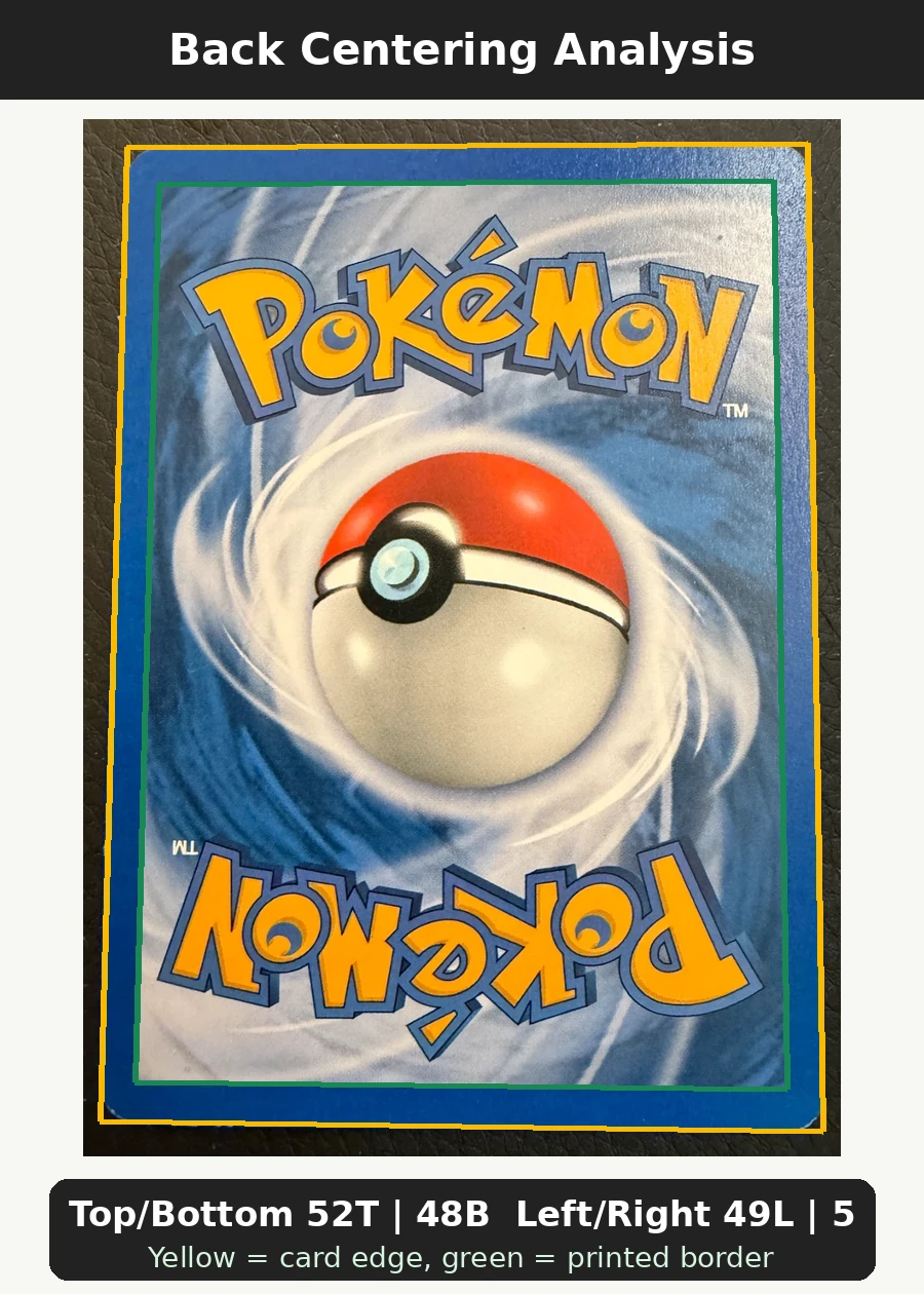Squirtle 083/112 FireRed & LeafGreen back centering analysis showing Top/Bottom 52T | 48B and Left/Right 49L | 51R.