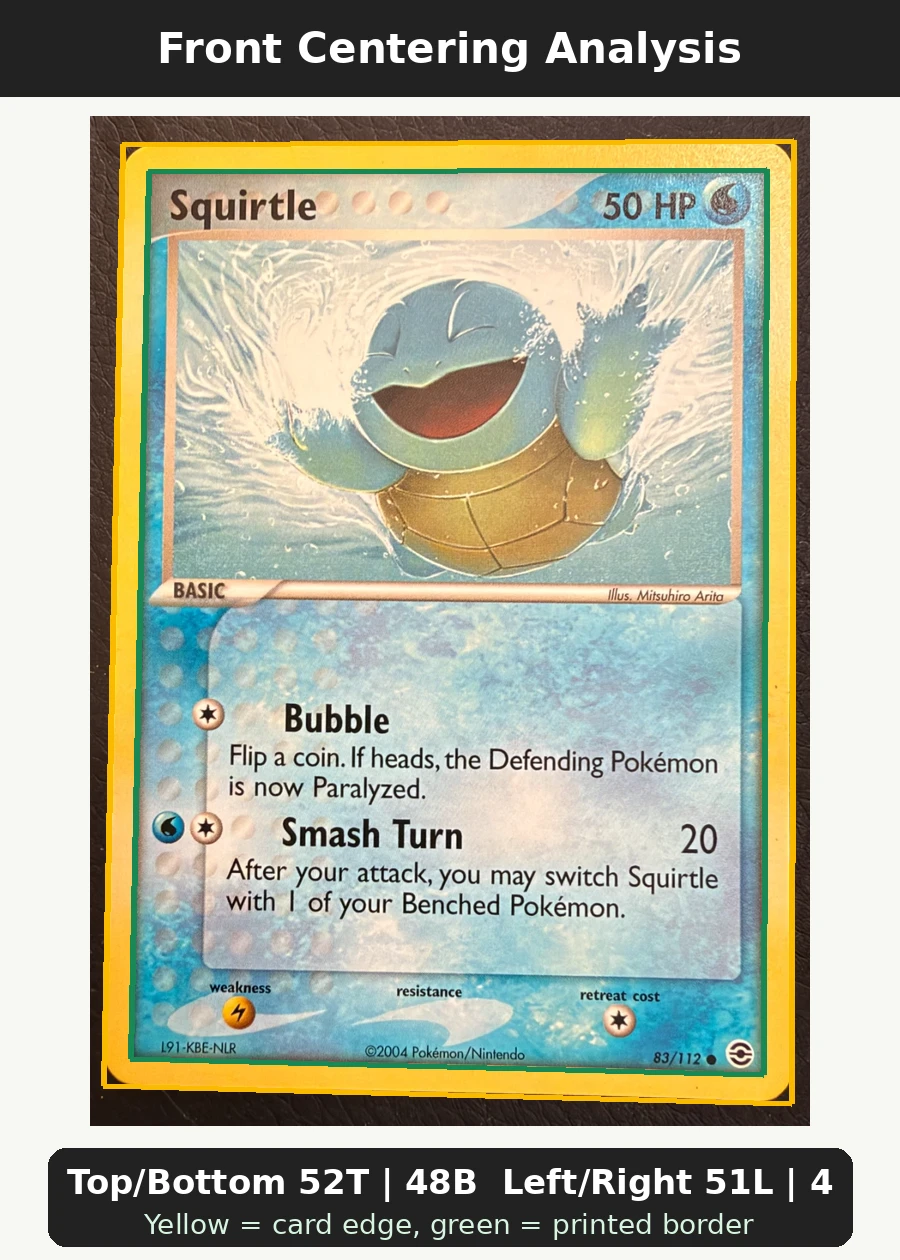 Squirtle 083/112 FireRed & LeafGreen front centering analysis showing Top/Bottom 52T | 48B and Left/Right 51L | 49R.