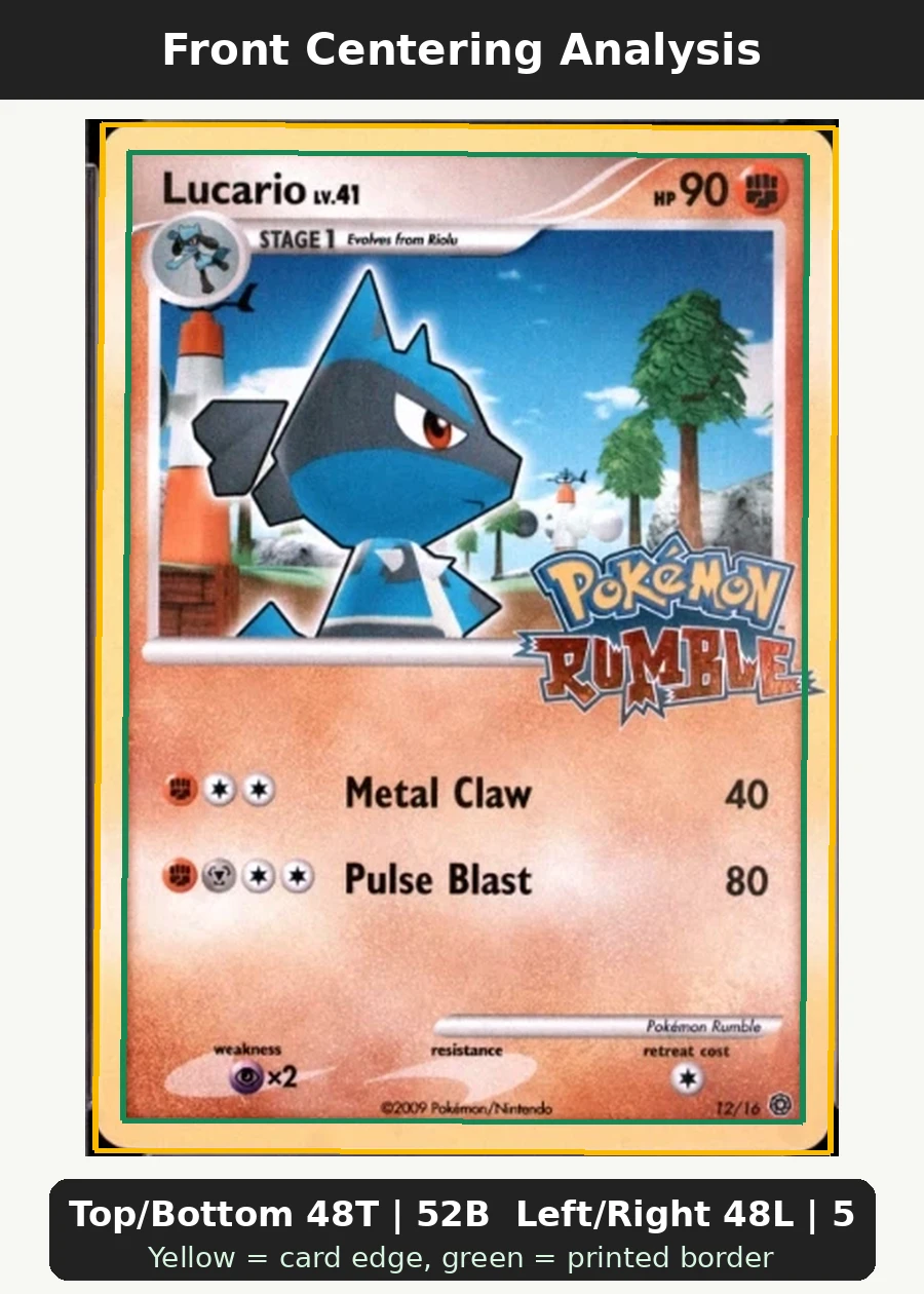 Lucario 012/16 Pokémon Rumble front centering analysis showing Top/Bottom 48T | 52B and Left/Right 48L | 52R.