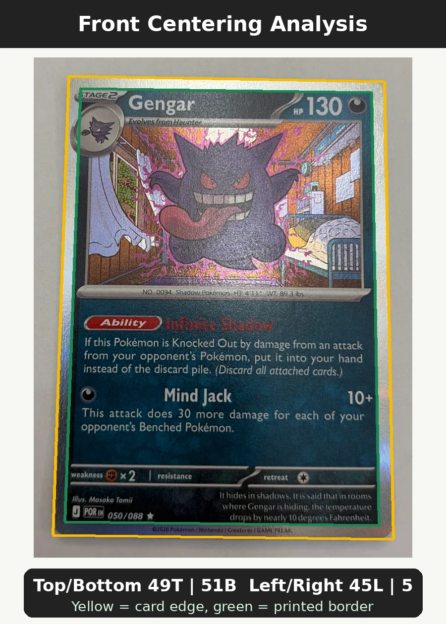 Gengar 050/88 Perfect Order front centering analysis showing Top/Bottom 49T | 51B and Left/Right 45L | 55R.
