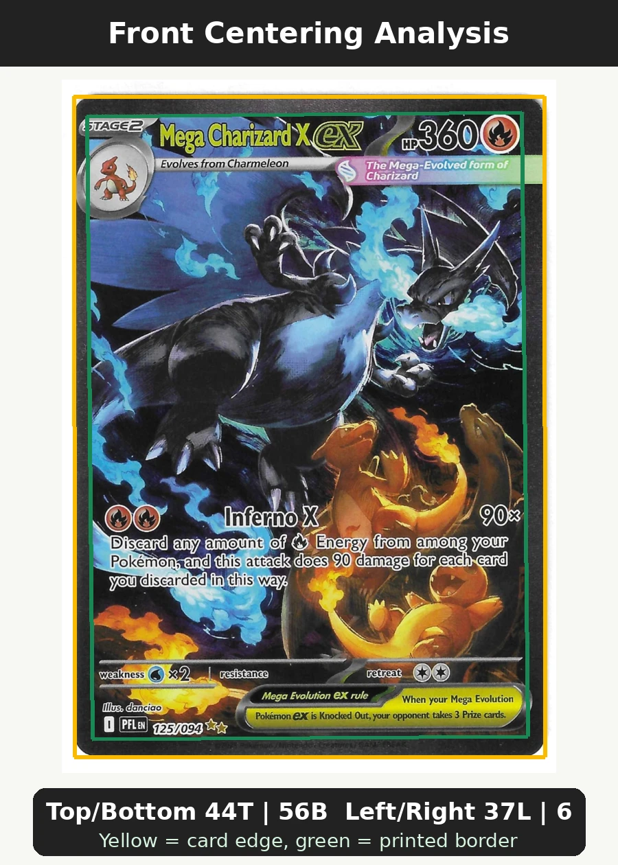 Mega Charizard X ex 125/94 Phantasmal Flames front centering analysis showing Top/Bottom 44T | 56B and Left/Right 37L | 63R.