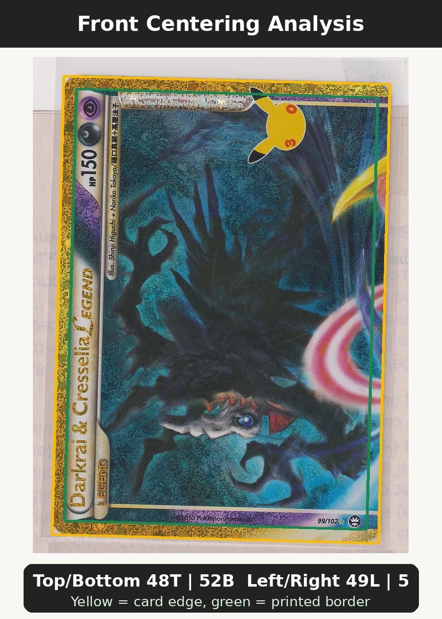 Darkrai & Cresselia LEGEND 099 30th Classic Collection front centering analysis showing Top/Bottom 48T | 52B and Left/Right 49L | 51R.