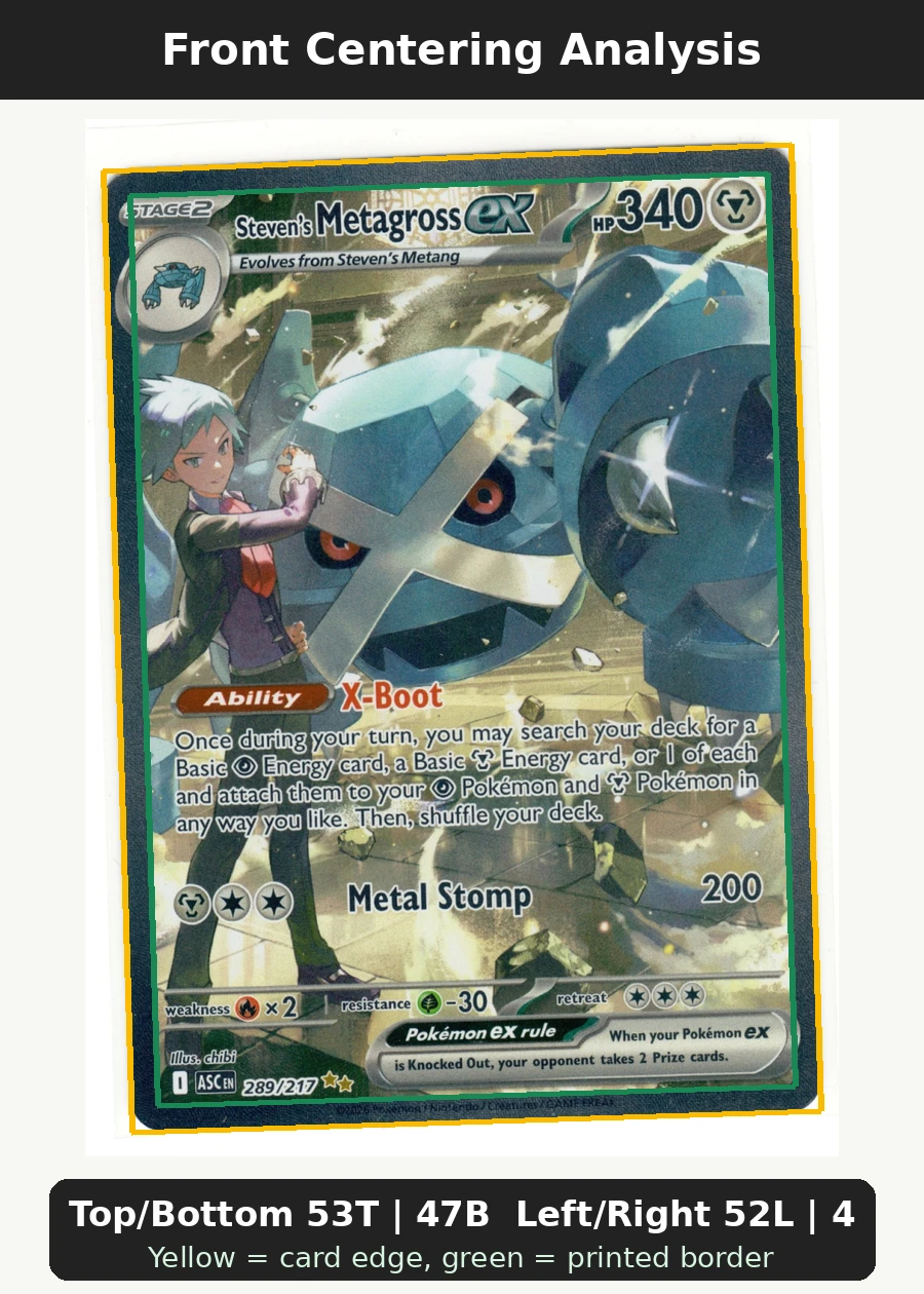 Steven's Metagross ex 289/217 Ascended Heroes front centering analysis showing Top/Bottom 53T | 47B and Left/Right 52L | 48R.