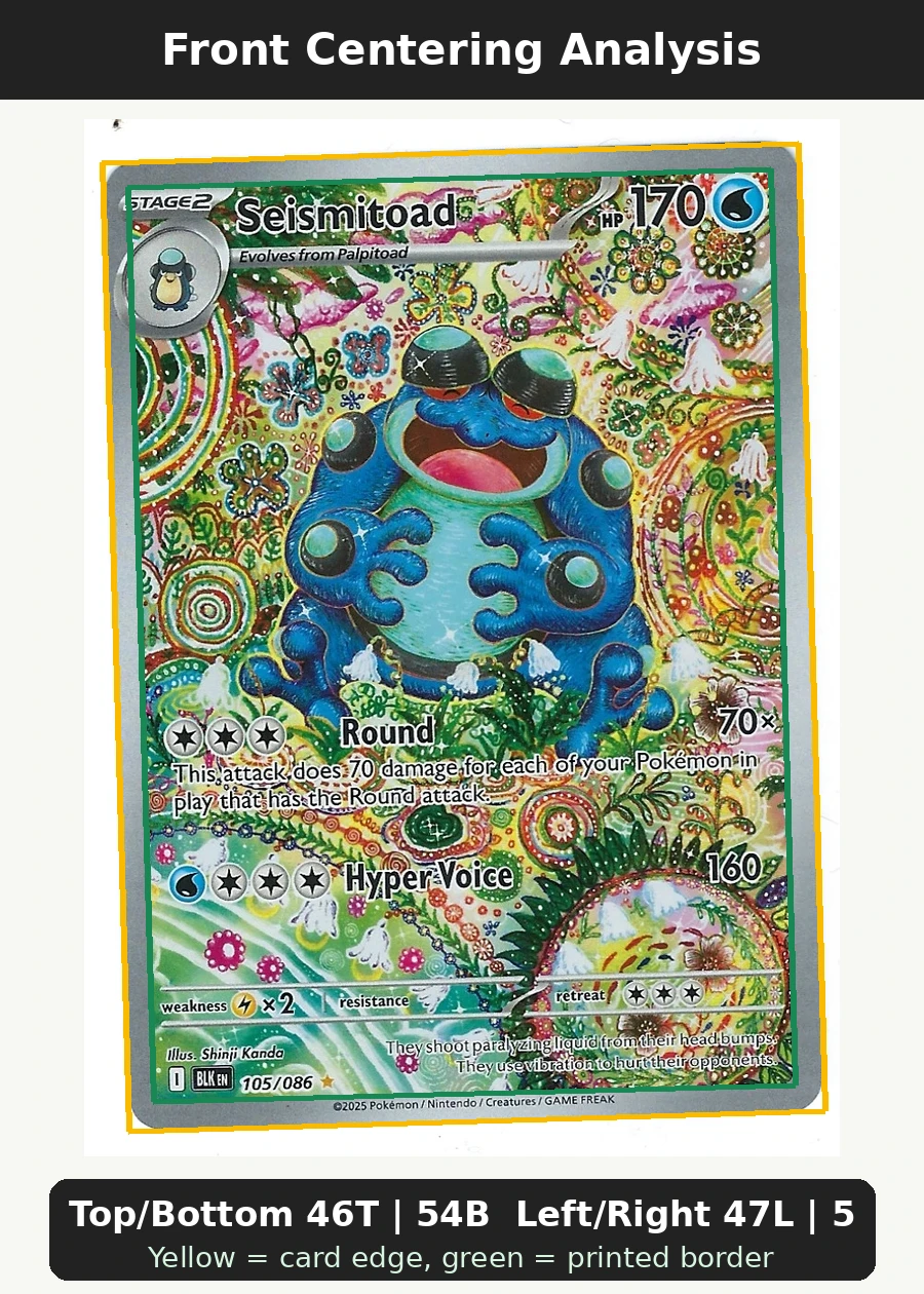 Seismitoad 105/86 Black Bolt front centering analysis showing Top/Bottom 46T | 54B and Left/Right 47L | 53R.