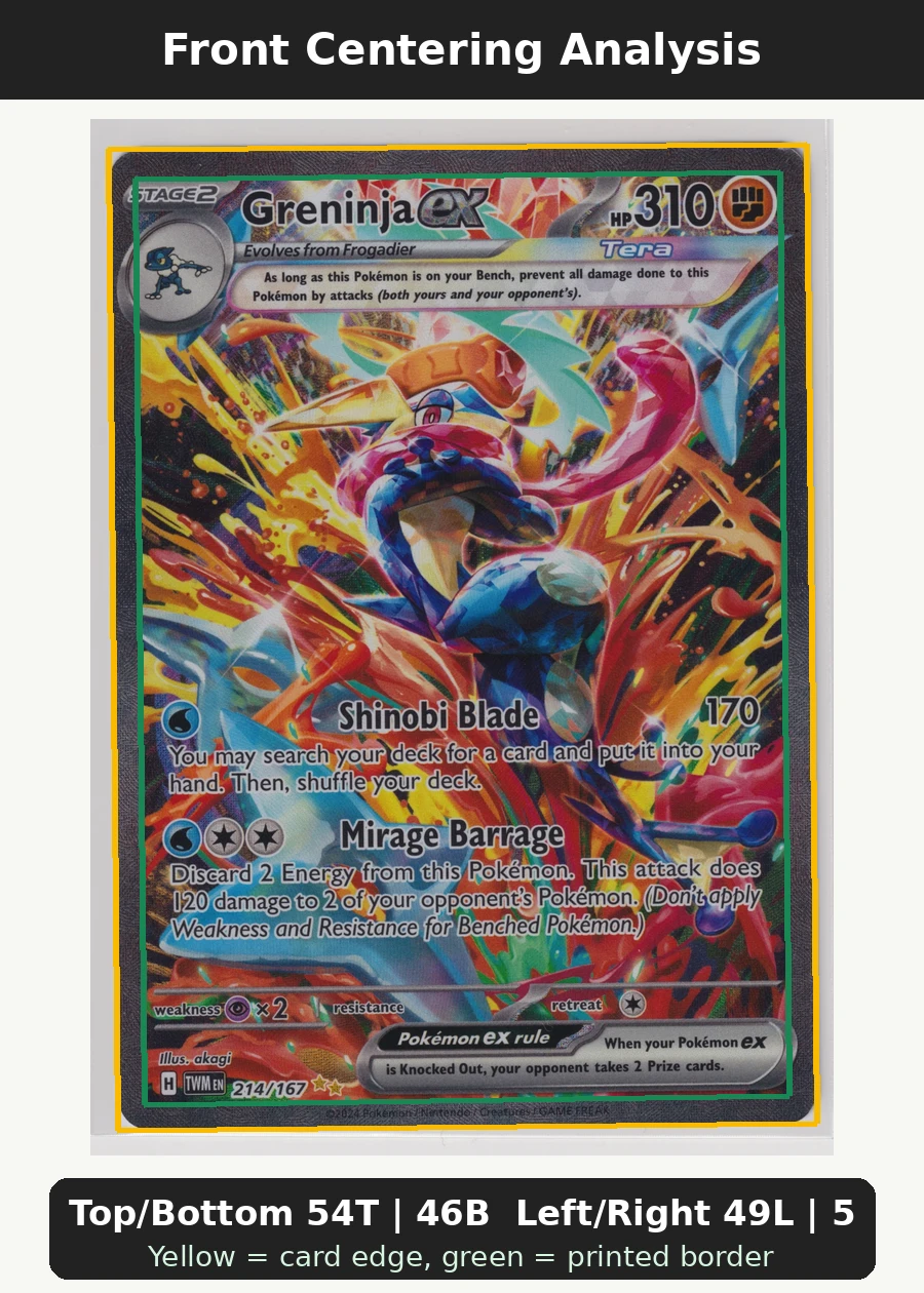 Greninja ex 214/167 Twilight Masquerade front centering analysis showing Top/Bottom 54T | 46B and Left/Right 49L | 51R.