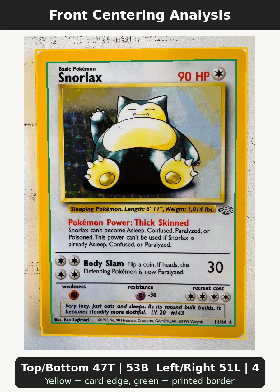 Snorlax 011/64 Jungle front centering analysis showing Top/Bottom 47T | 53B and Left/Right 51L | 49R.