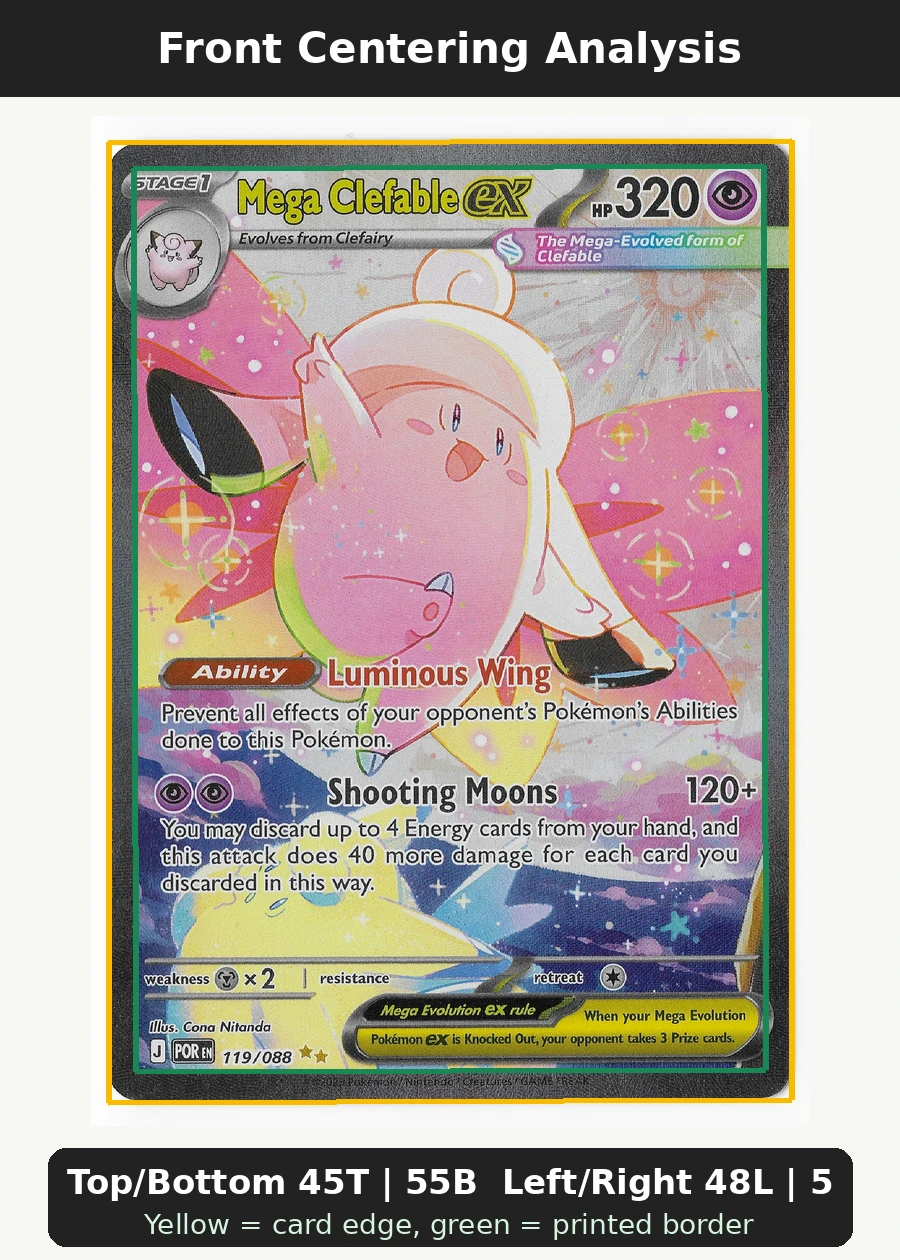 Mega Clefable ex 119/88 Perfect Order front centering analysis showing Top/Bottom 45T | 55B and Left/Right 48L | 52R.