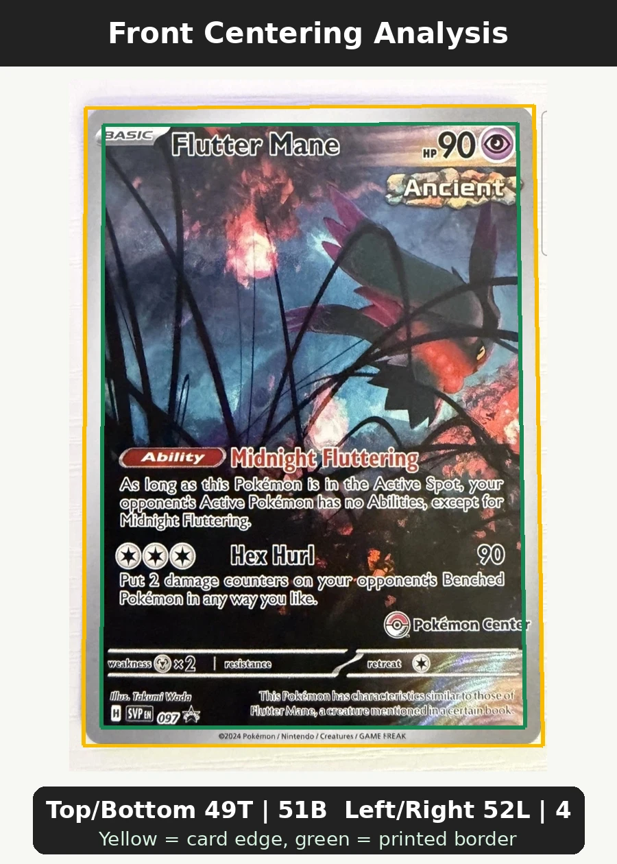 Flutter Mane 097/225 SVP Black Star Promos front centering analysis showing Top/Bottom 49T | 51B and Left/Right 52L | 48R.