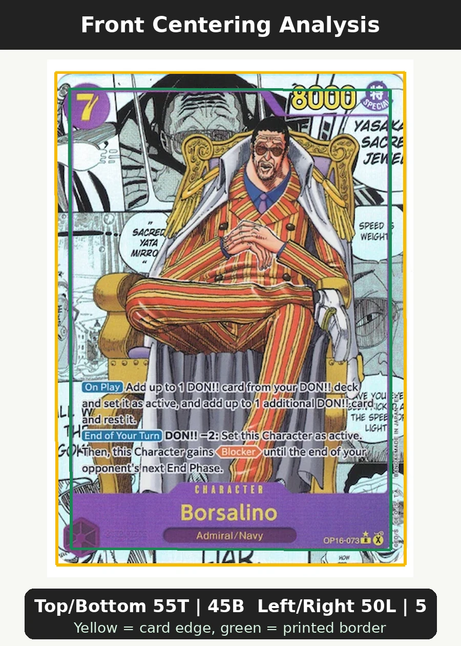 Borsalino OP16-073 The Time of Battle front centering analysis showing Top/Bottom 55T | 45B and Left/Right 50L | 50R.