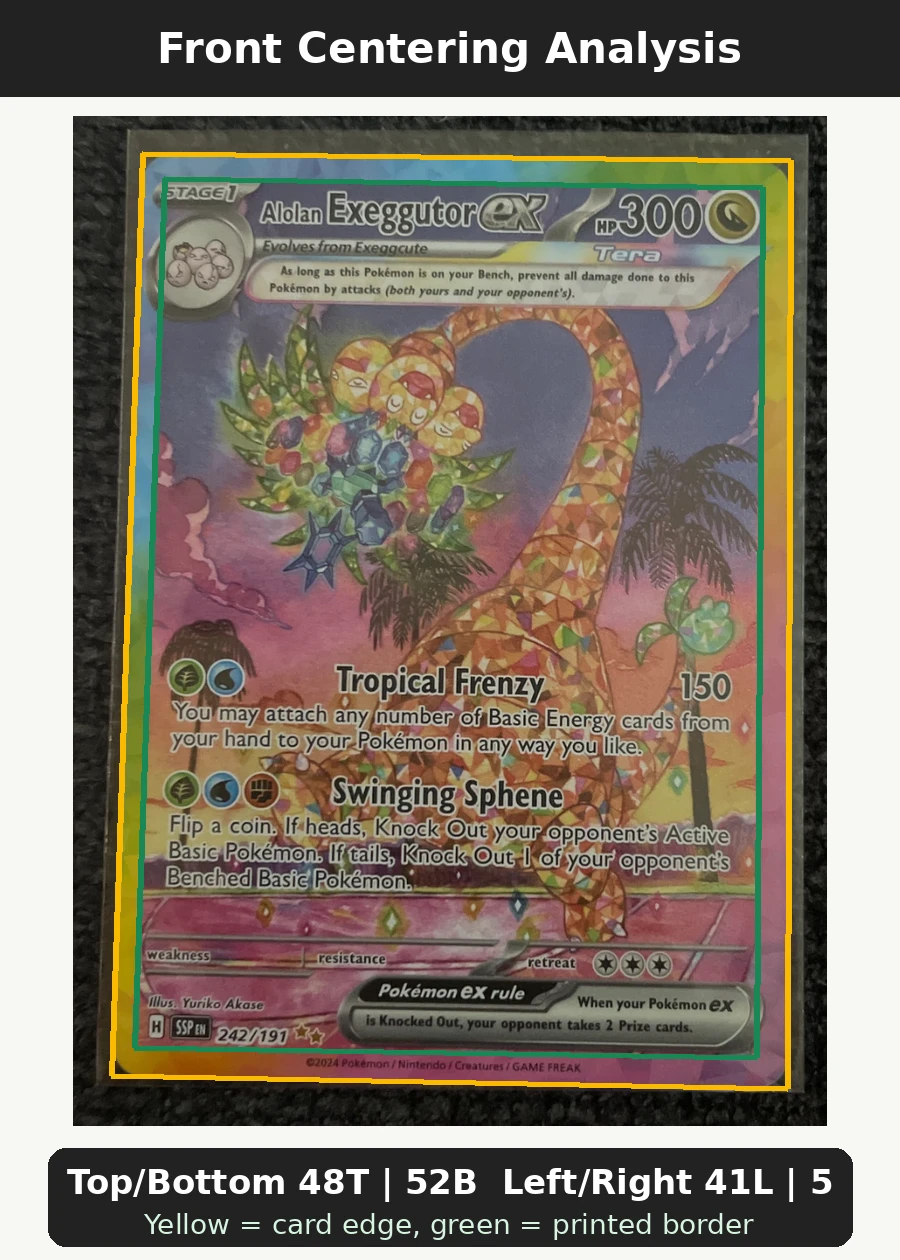 Alolan Exeggutor ex 242/191 Surging Sparks front centering analysis showing Top/Bottom 48T | 52B and Left/Right 41L | 59R.