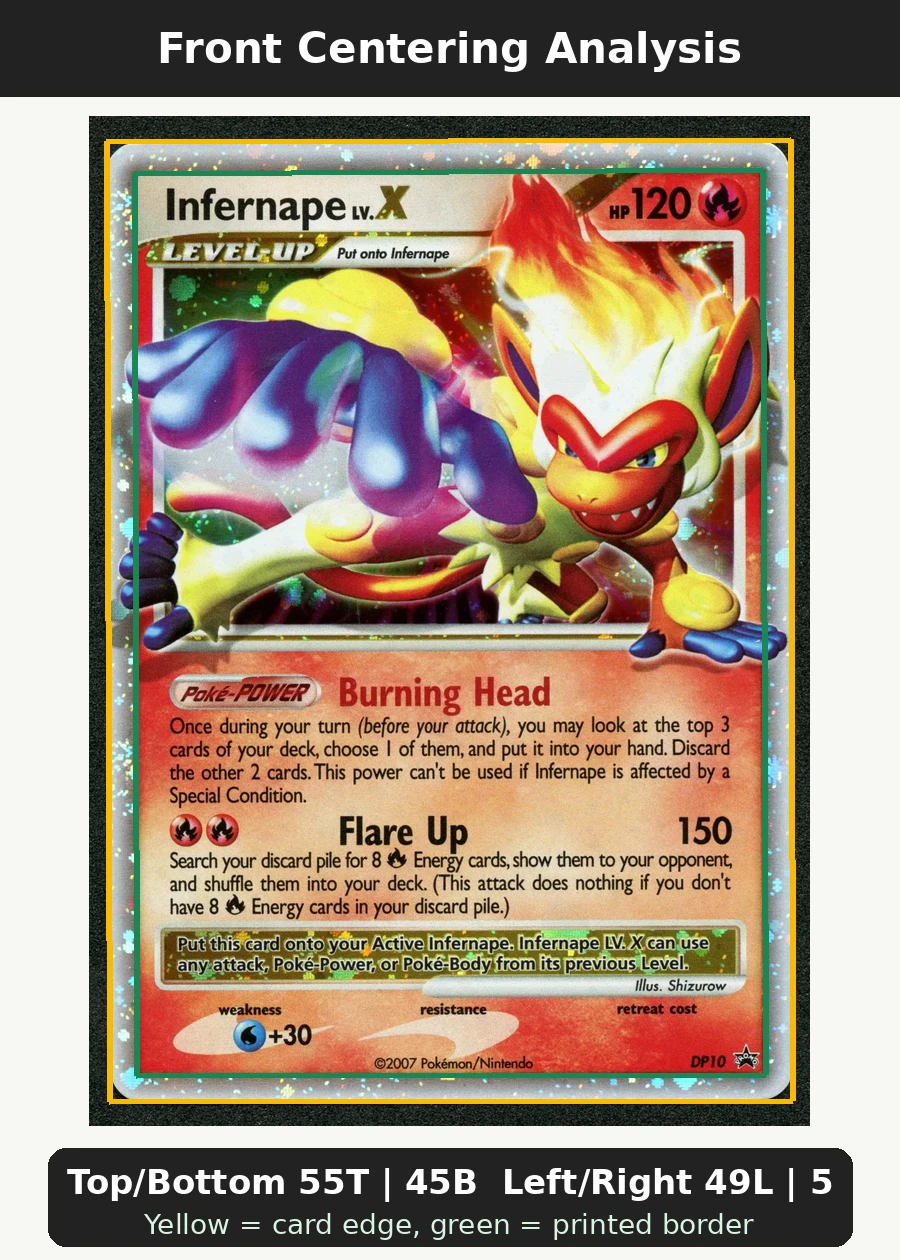 Infernape DP10/56 DP Black Star Promos front centering analysis showing Top/Bottom 55T | 45B and Left/Right 49L | 51R.
