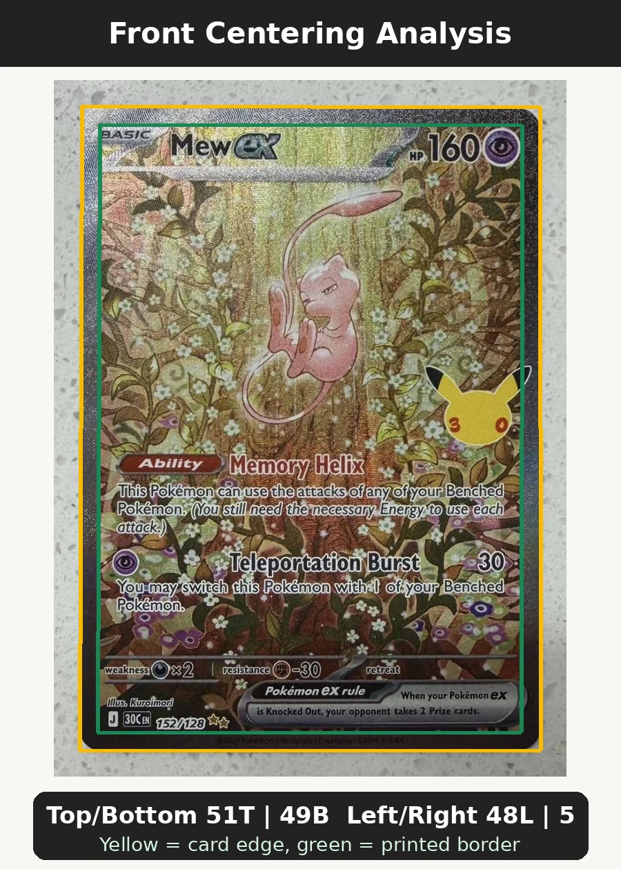 Mew ex 152/128 30th Celebration front centering analysis showing Top/Bottom 51T | 49B and Left/Right 48L | 52R.