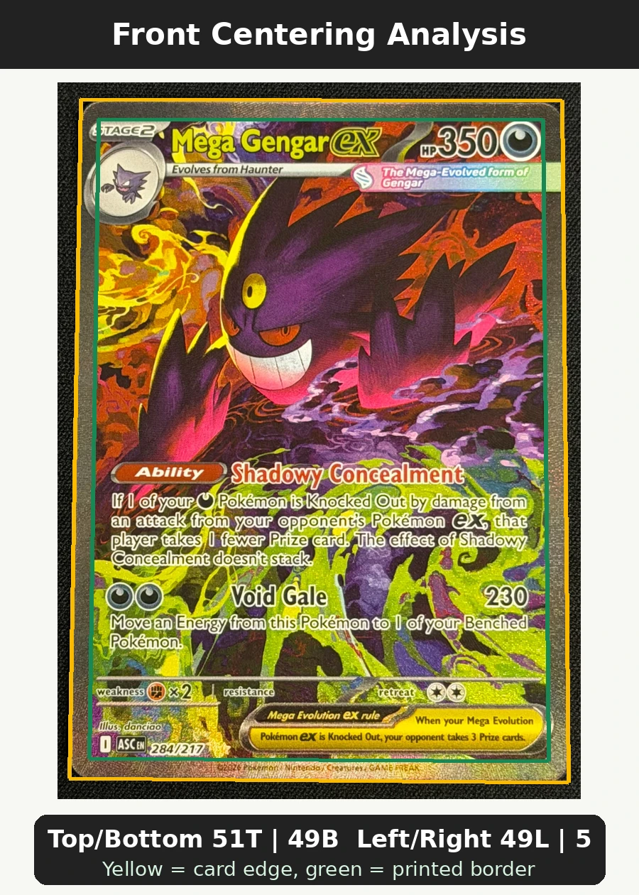 Mega Gengar ex 284/217 Ascended Heroes front centering analysis showing Top/Bottom 51T | 49B and Left/Right 49L | 51R.