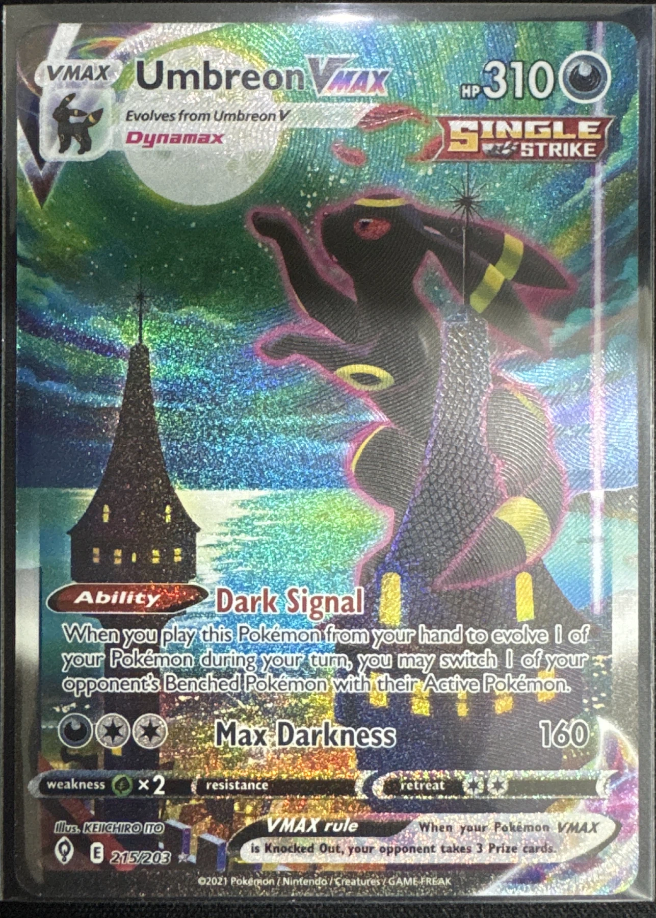 Umbreon VMAX 215/203 Evolving Skies front card photo in PokeToGrade pregrading report