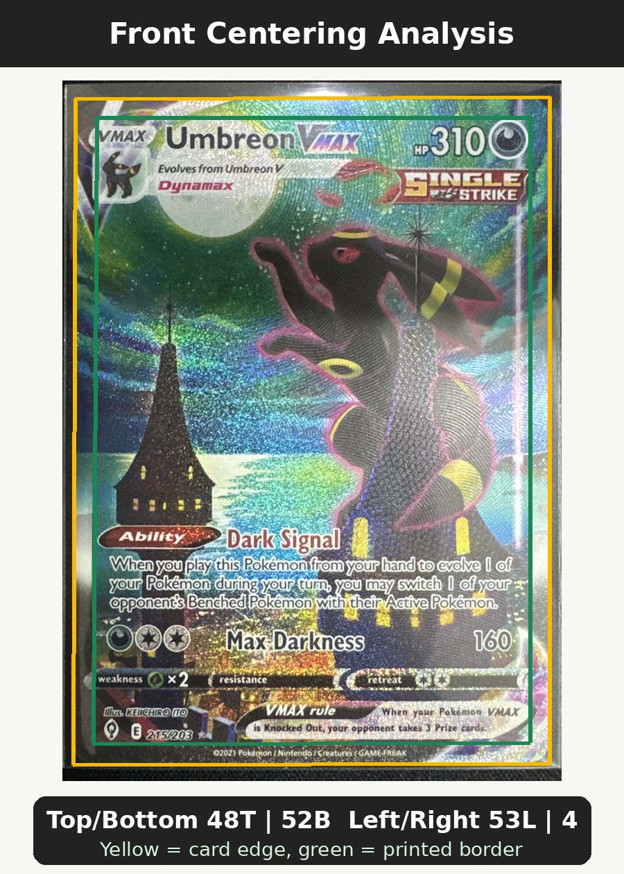 Umbreon VMAX 215/203 Evolving Skies front centering analysis showing Top/Bottom 48T | 52B and Left/Right 53L | 47R.