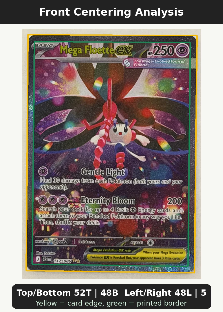 Mega Floette ex 117/86 Chaos Rising front centering analysis showing Top/Bottom 52T | 48B and Left/Right 48L | 52R.
