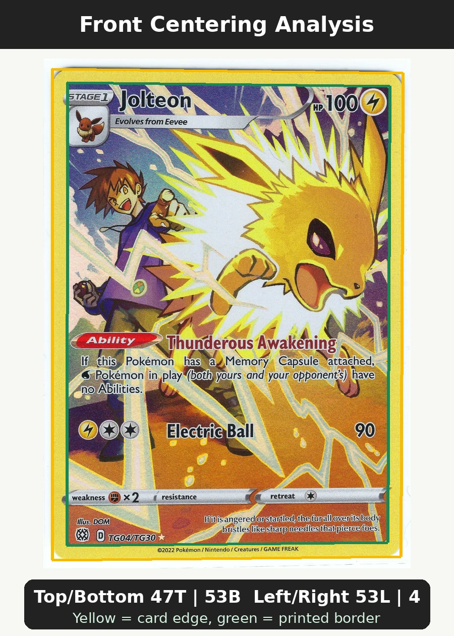 Jolteon TG04/172 Brilliant Stars front centering analysis showing Top/Bottom 47T | 53B and Left/Right 53L | 47R.
