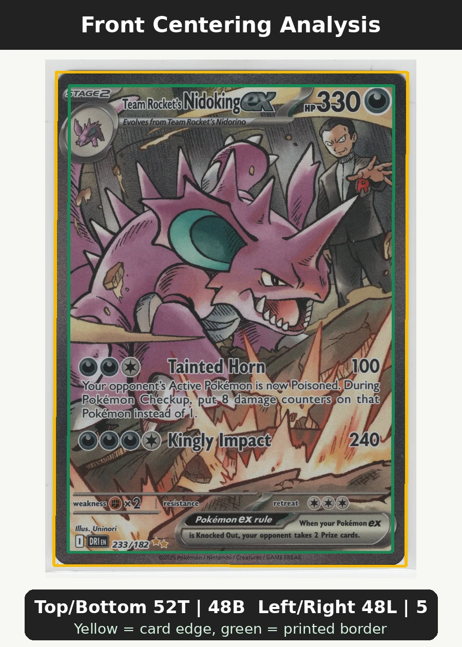 Team Rocket's Nidoking ex 233/182 Destined Rivals front centering analysis showing Top/Bottom 52T | 48B and Left/Right 48L | 52R.