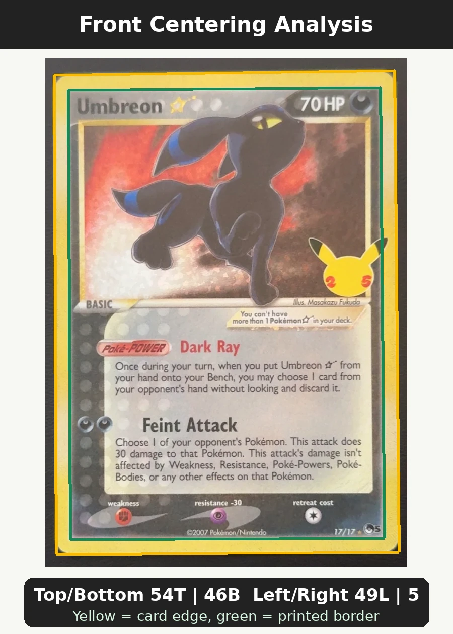 Umbreon Star 17A/25 Celebrations front centering analysis showing Top/Bottom 54T | 46B and Left/Right 49L | 51R.