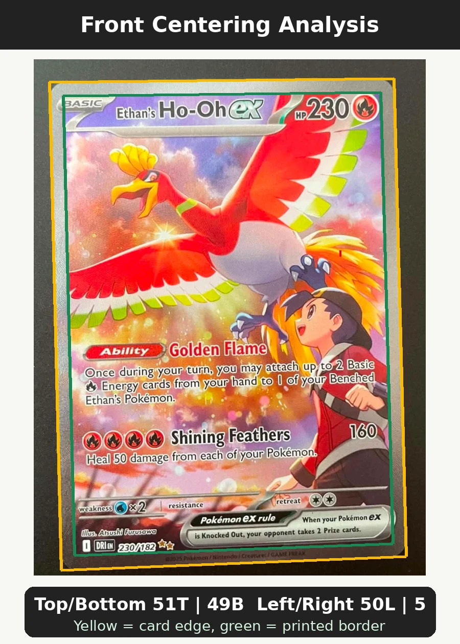 Ethan's Ho-Oh ex 230/182 Destined Rivals front centering analysis showing Top/Bottom 51T | 49B and Left/Right 50L | 50R.