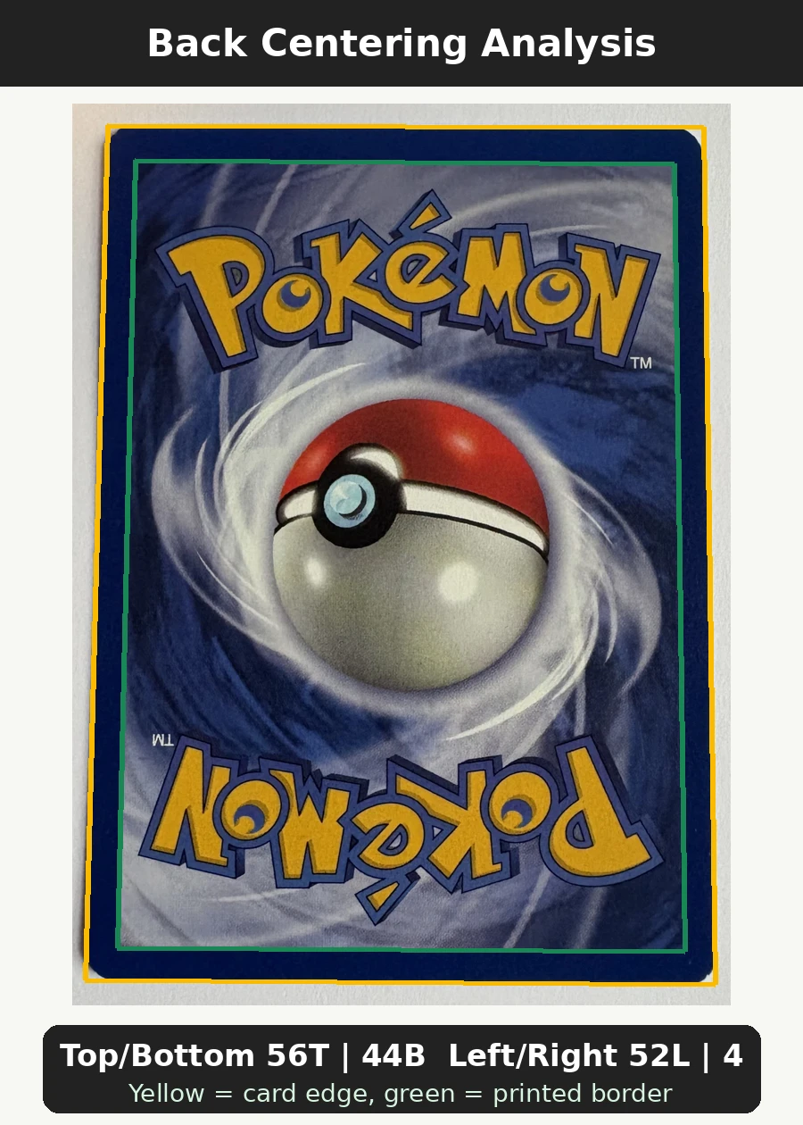 Dragonite 005/53 Wizards Black Star Promos back centering analysis showing Top/Bottom 56T | 44B and Left/Right 52L | 48R.
