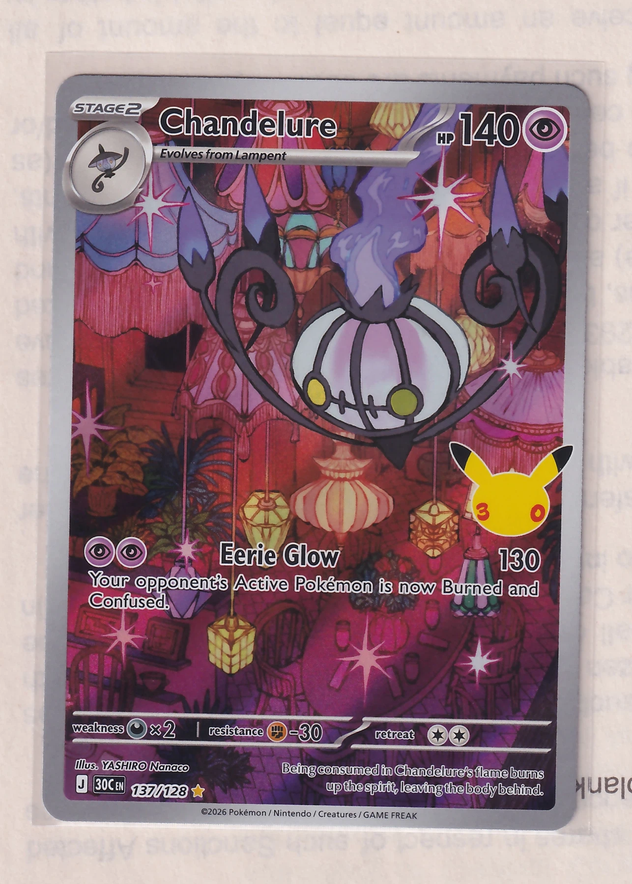 Chandelure 137/128 30th Celebration front card photo in PokeToGrade pregrading report