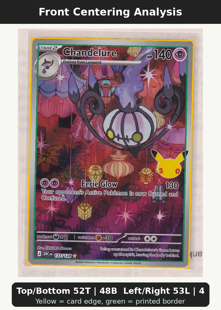 Chandelure 137/128 30th Celebration front centering analysis showing Top/Bottom 52T | 48B and Left/Right 53L | 47R.