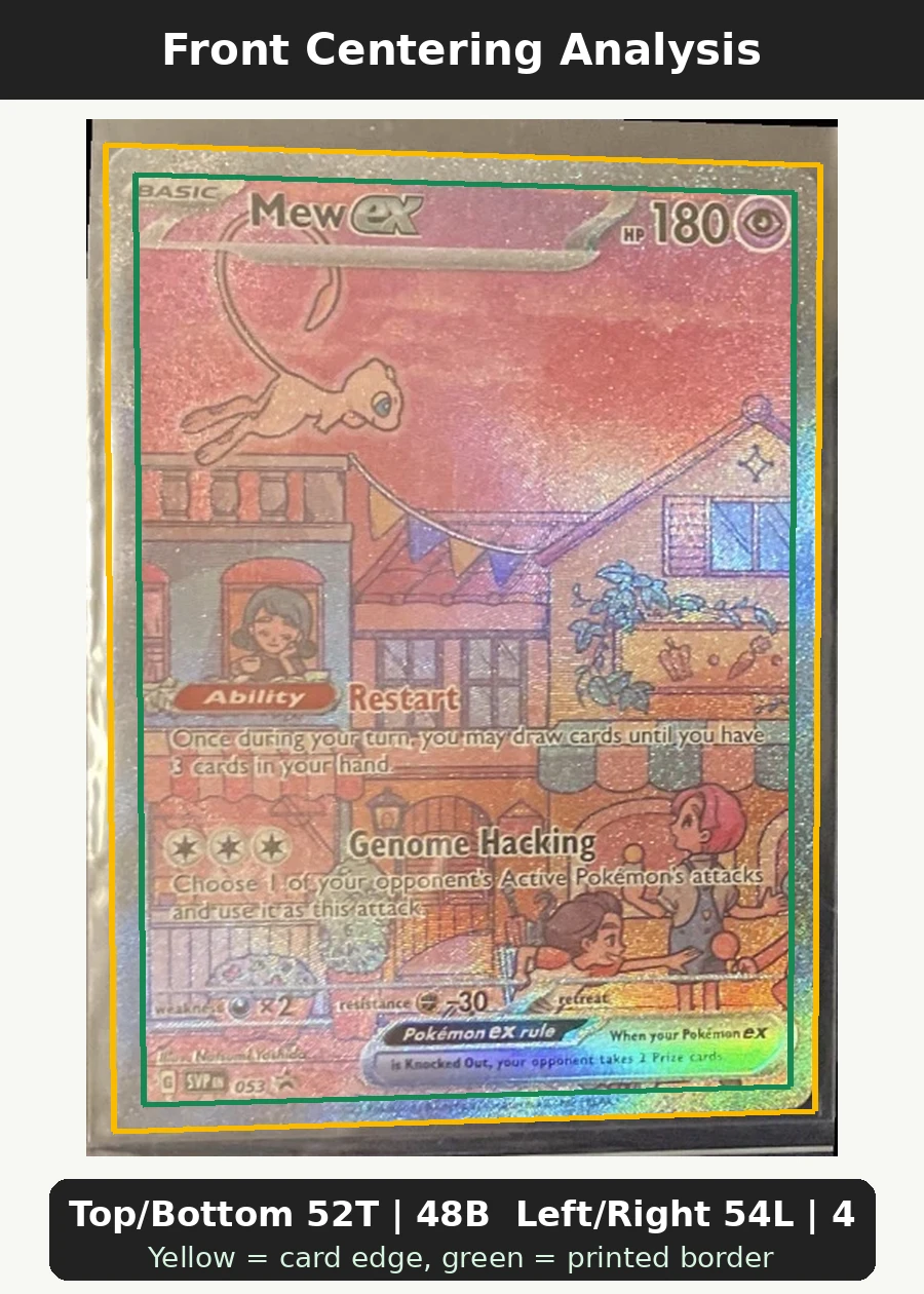 Mew ex 053/225 SVP Black Star Promos front centering analysis showing Top/Bottom 52T | 48B and Left/Right 54L | 46R.