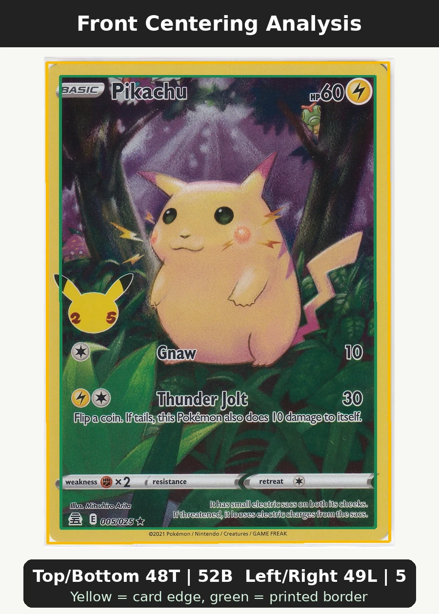 Pikachu 005/25 Celebrations front centering analysis showing Top/Bottom 48T | 52B and Left/Right 49L | 51R.