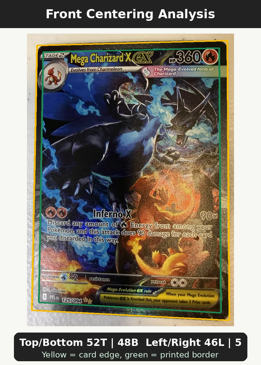 Mega Charizard X ex 125/94 Phantasmal Flames front centering analysis showing Top/Bottom 52T | 48B and Left/Right 46L | 54R.