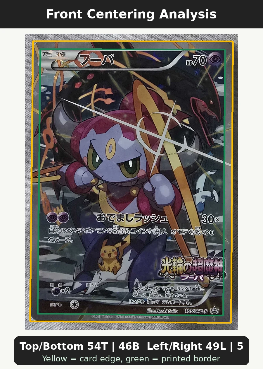 Hoopa 155 XY Promos front centering analysis showing Top/Bottom 54T | 46B and Left/Right 49L | 51R.
