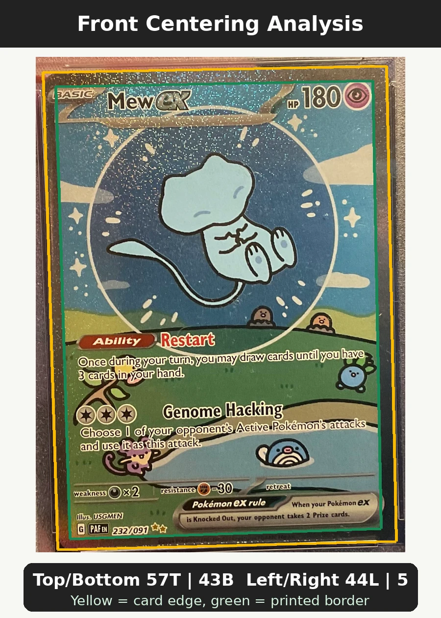 Mew ex 232/91 Paldean Fates front centering analysis showing Top/Bottom 57T | 43B and Left/Right 44L | 56R.