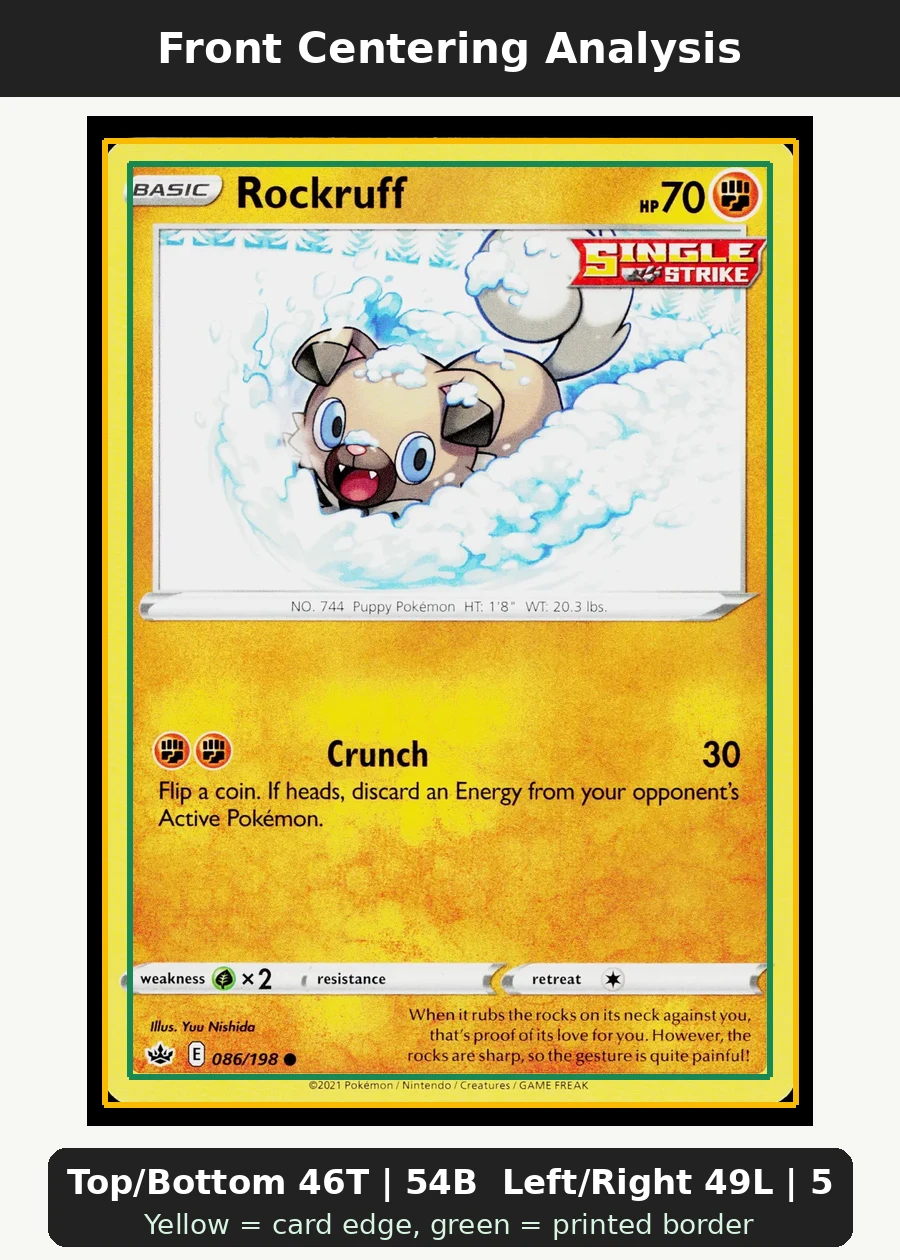 Rockruff 086/198 Chilling Reign front centering analysis showing Top/Bottom 46T | 54B and Left/Right 49L | 51R.