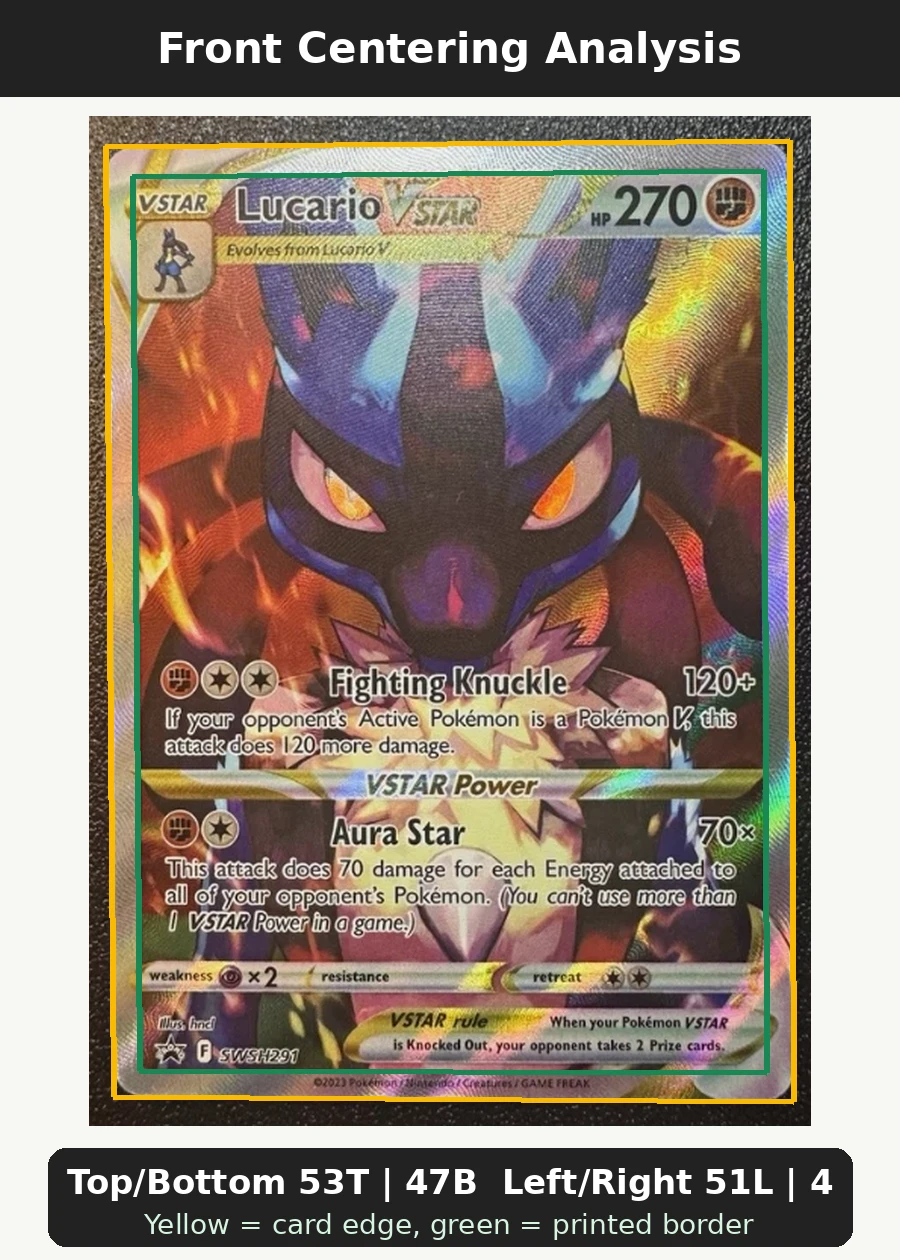 Lucario VSTAR SWSH291/307 SWSH Black Star Promos front centering analysis showing Top/Bottom 53T | 47B and Left/Right 51L | 49R.
