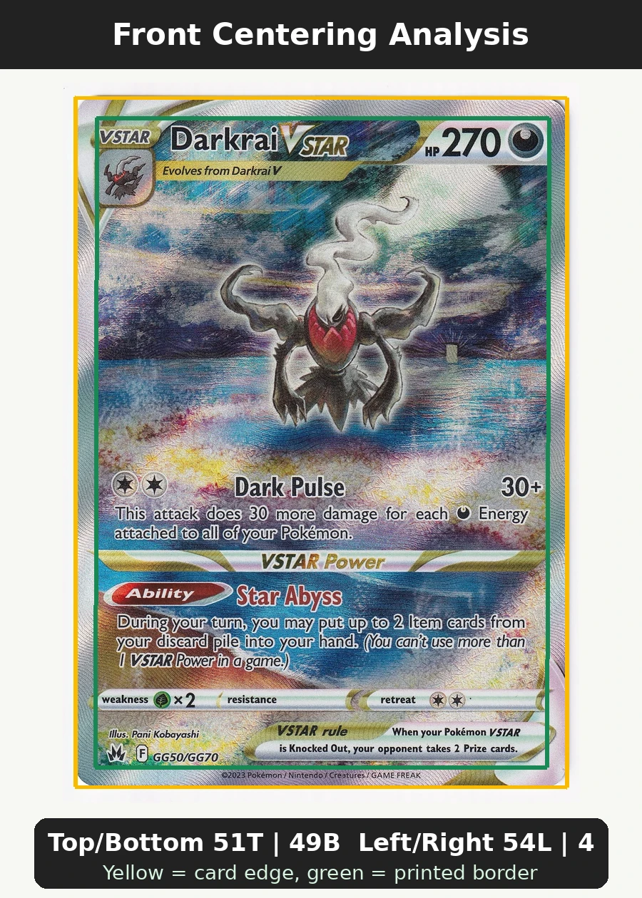 Darkrai VSTAR GG50/159 Crown Zenith front centering analysis showing Top/Bottom 51T | 49B and Left/Right 54L | 46R.