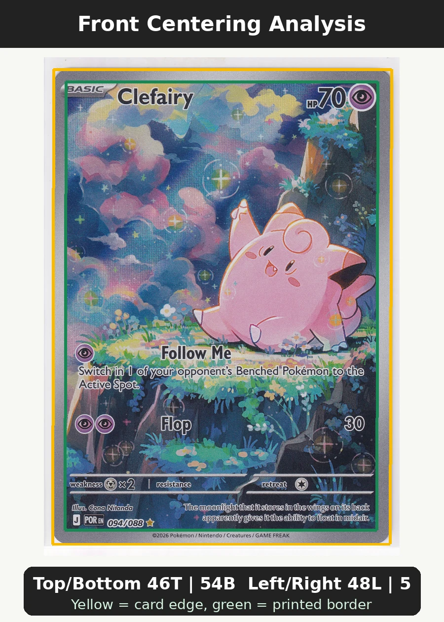 Clefairy 094/88 Perfect Order front centering analysis showing Top/Bottom 46T | 54B and Left/Right 48L | 52R.