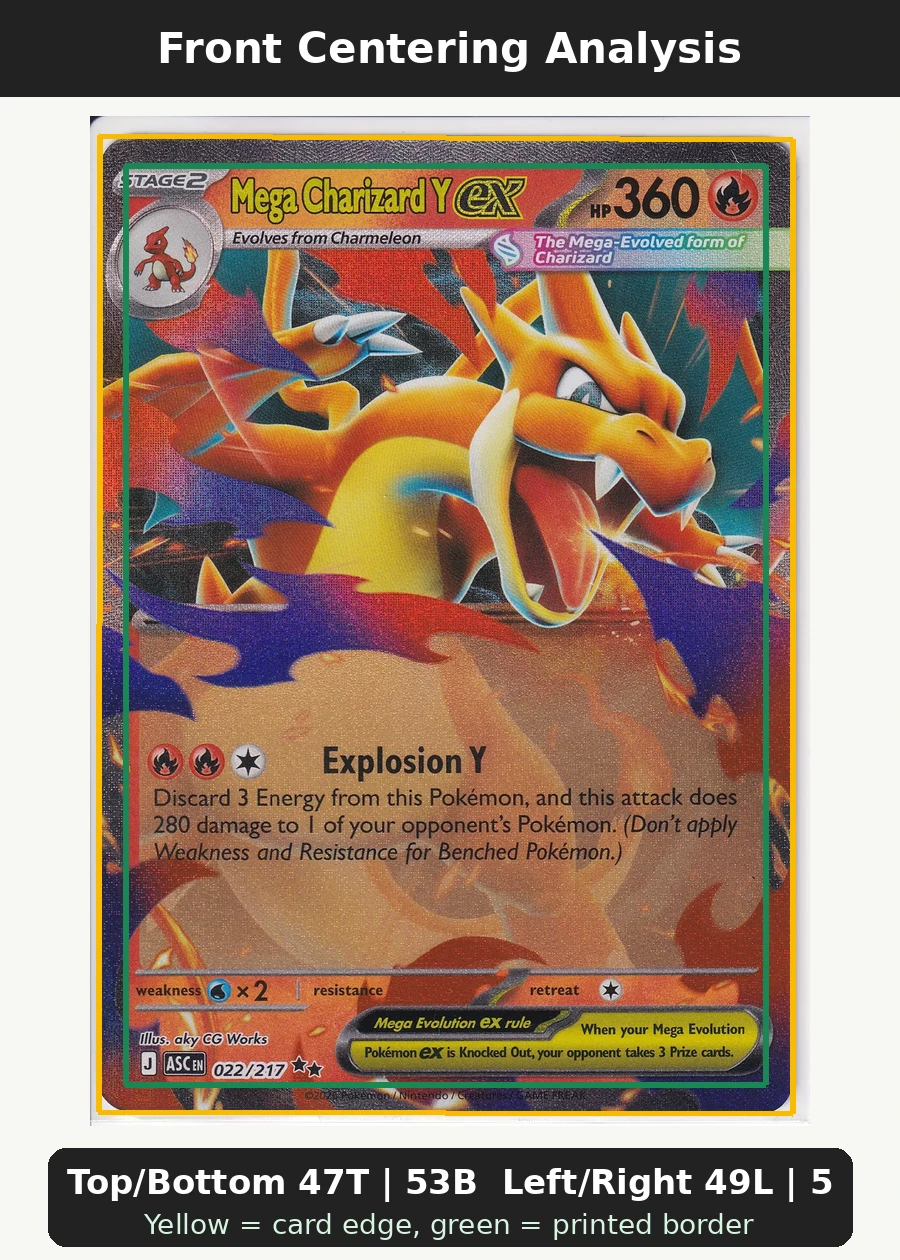 Mega Charizard Y ex 022/217 Ascended Heroes front centering analysis showing Top/Bottom 47T | 53B and Left/Right 49L | 51R.