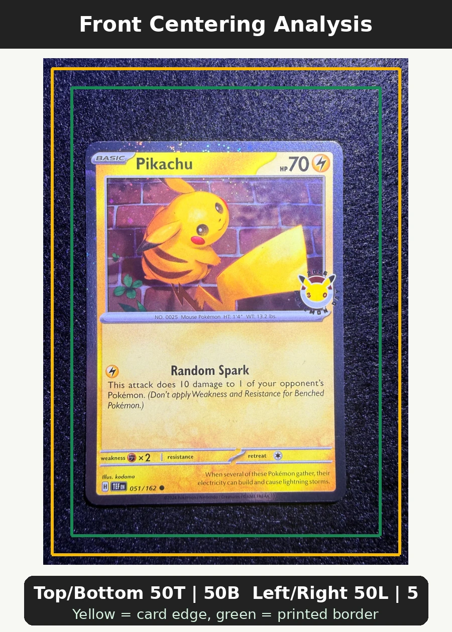 Pikachu 051/162 Temporal Forces front centering analysis showing Top/Bottom 50T | 50B and Left/Right 50L | 50R.
