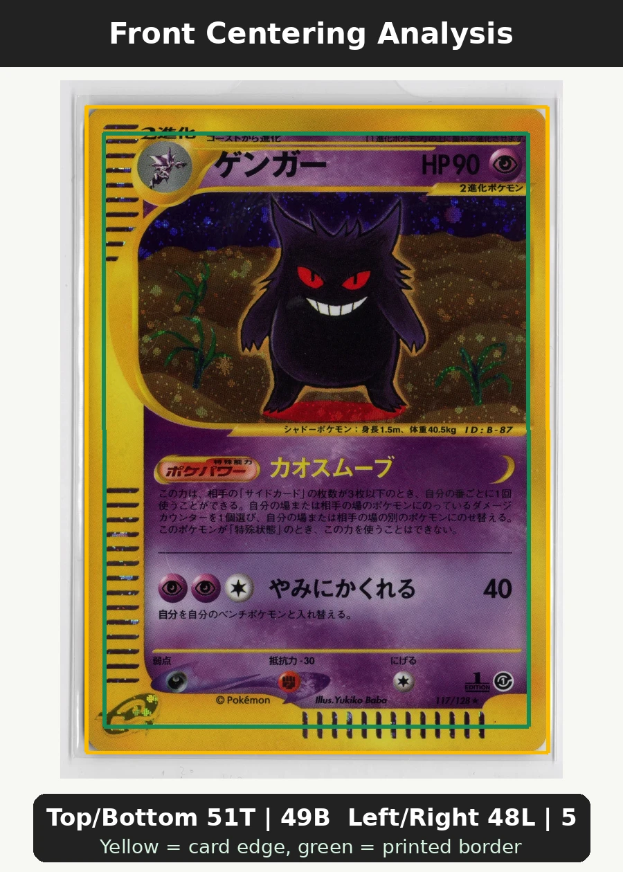 Gengar 117/128 Base Expansion Pack front centering analysis showing Top/Bottom 51T | 49B and Left/Right 48L | 52R.